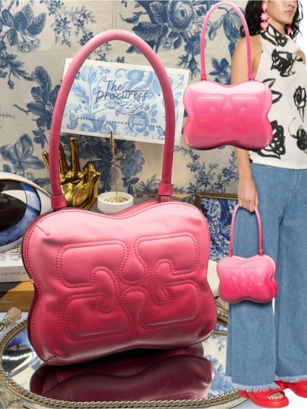 🆕 GANNI 🧿 NWOT Butterfly Shoulder Bag, Embroidered Logo - Pink Gradient
